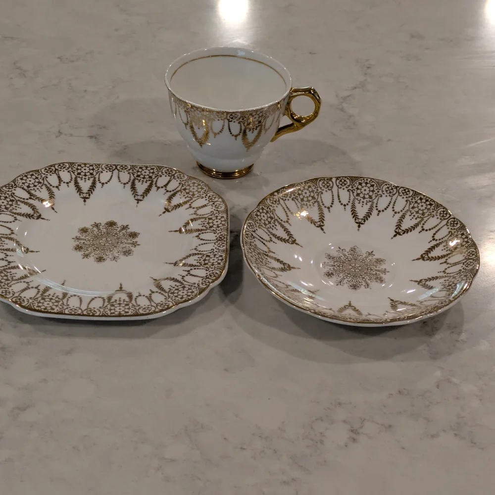 Fine Bone China Gold and White Teacup, Saucer,. Cake  Plate Set Of 3 Made In Eng